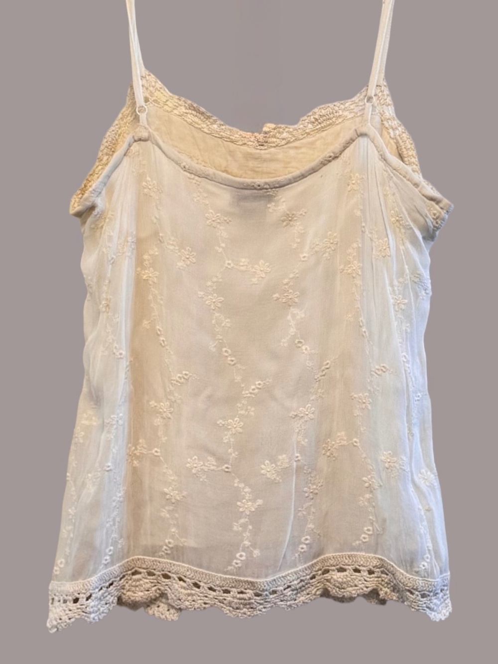 Lucky Brand Embroidered Tank Top Crochet Trim CreamSize M Rayon Lined Boho - Picture 5 of 8